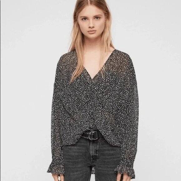 Allsaints semi sheer rockstar top polka dots penny splash v-neck - Picture 1 of 6